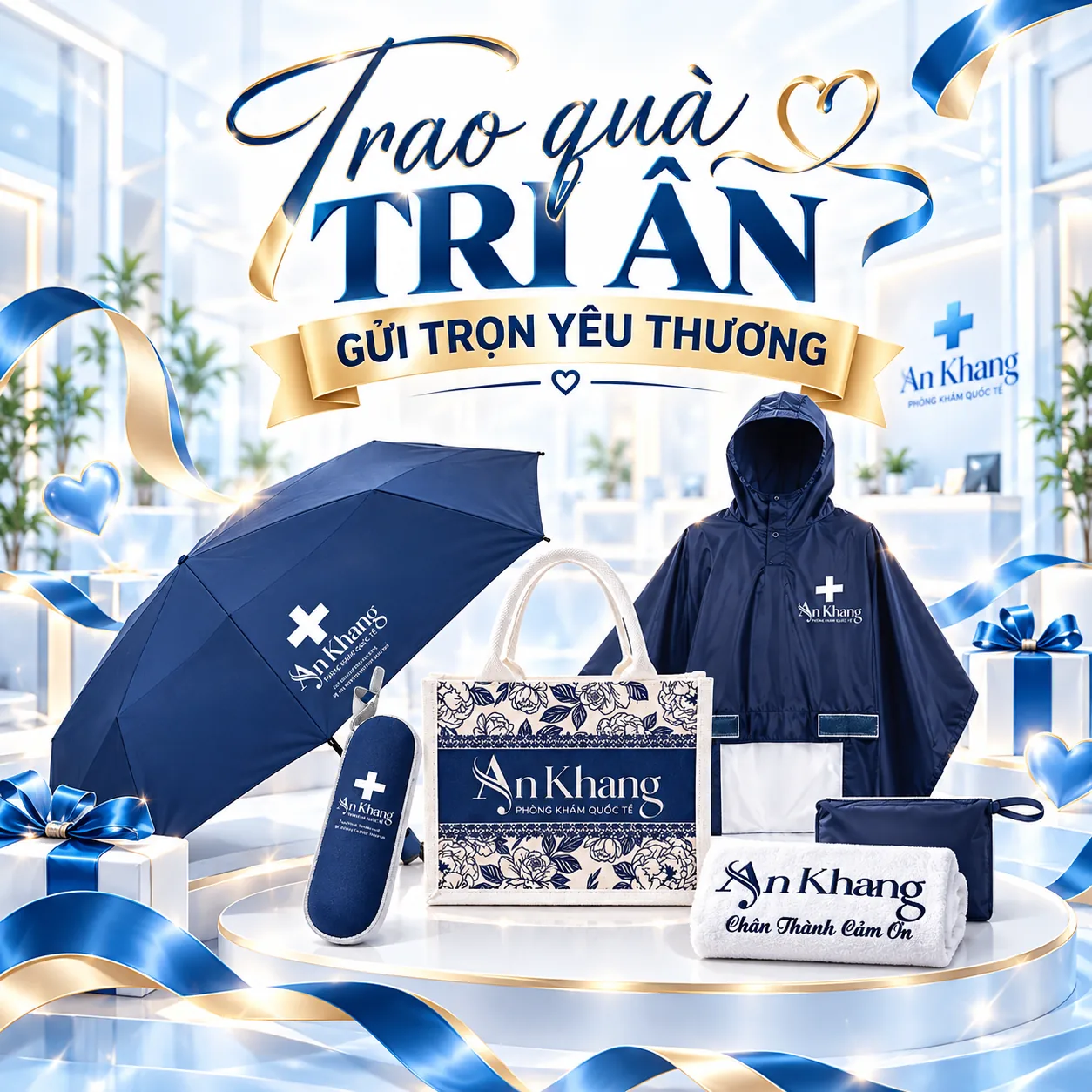 Quà tri ân khách hàng An Khang: ô, túi, áo mưa, khăn